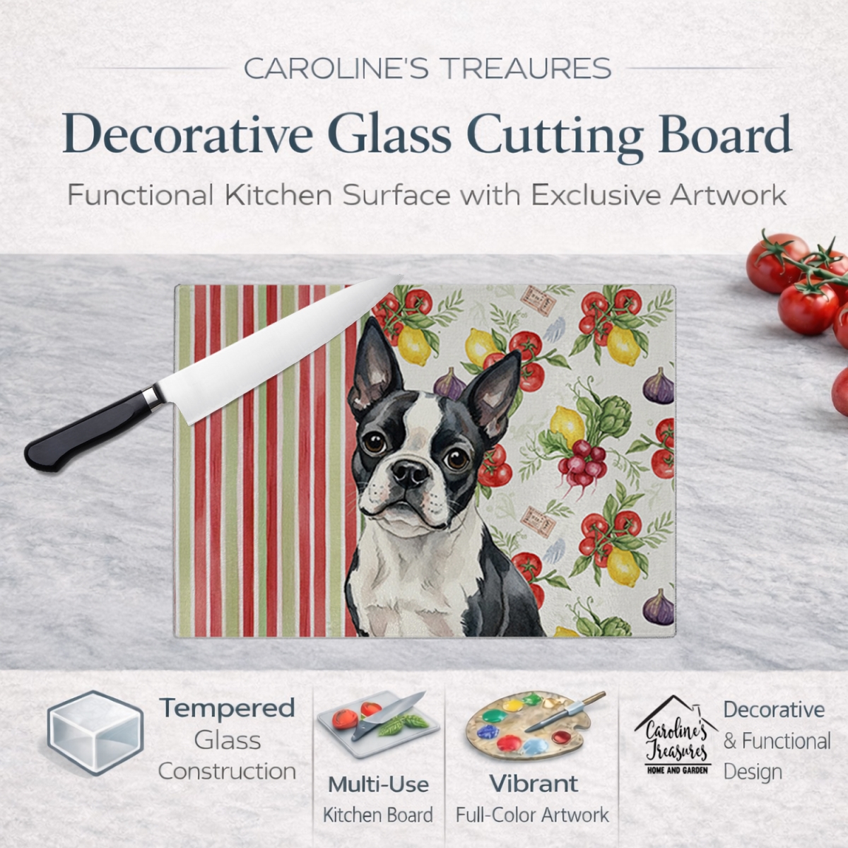Picture of Carolines Treasures WDK8132LCB 11.25 x 15.25 in. Boston Terrier Vegetables Glass Cutting Board