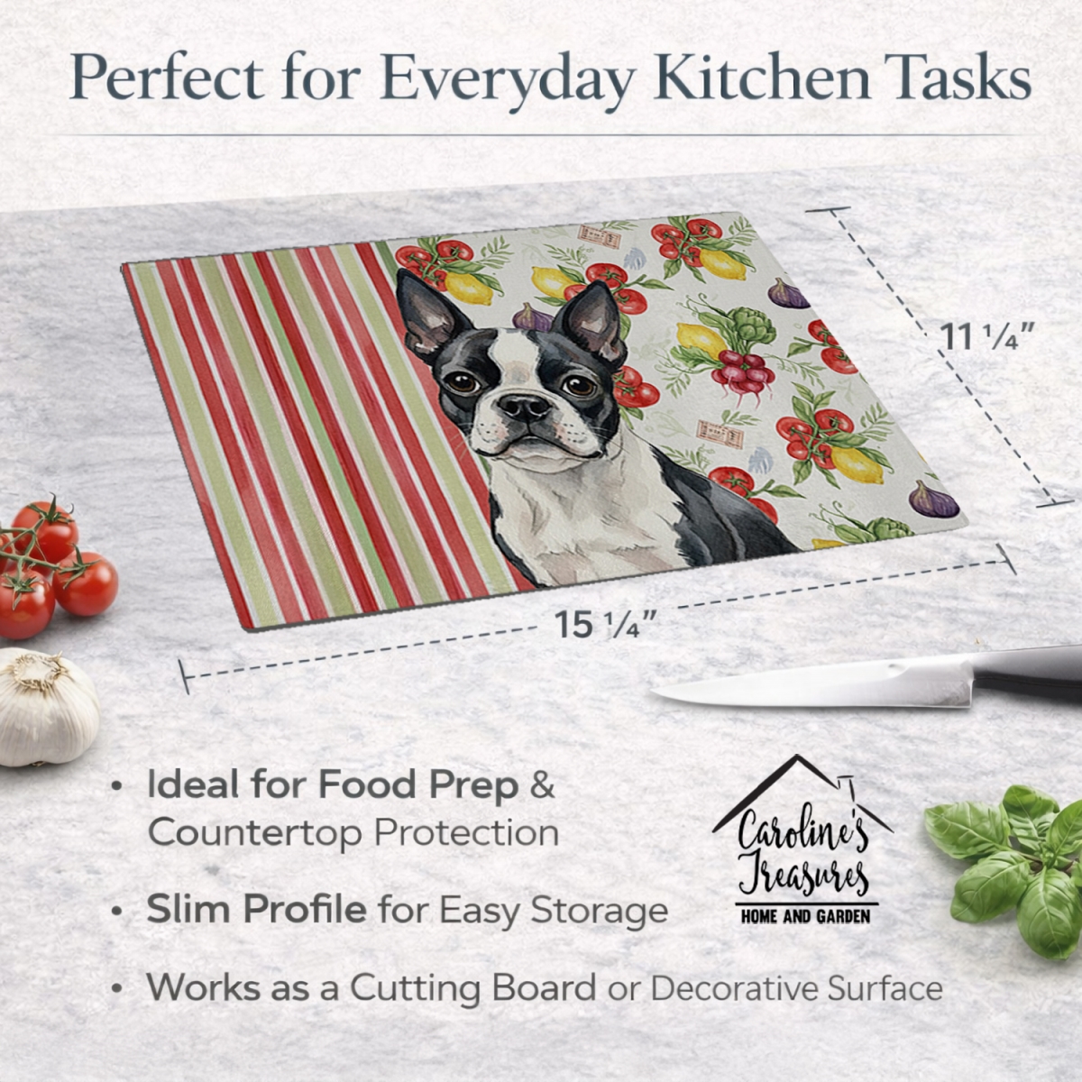 Picture of Carolines Treasures WDK8132LCB 11.25 x 15.25 in. Boston Terrier Vegetables Glass Cutting Board