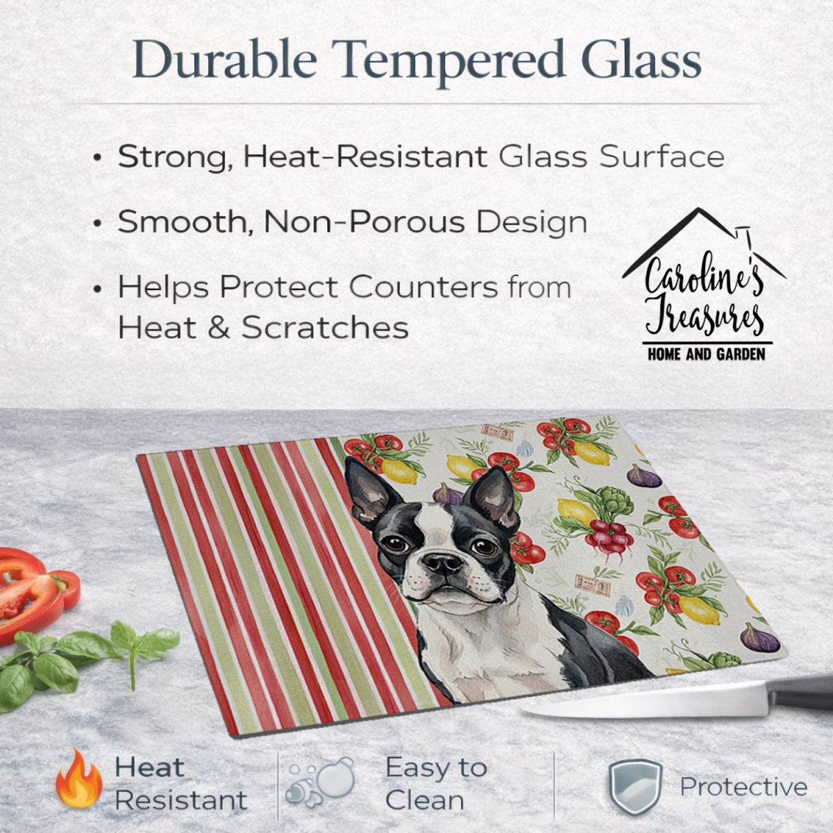 Picture of Carolines Treasures WDK8132LCB 11.25 x 15.25 in. Boston Terrier Vegetables Glass Cutting Board