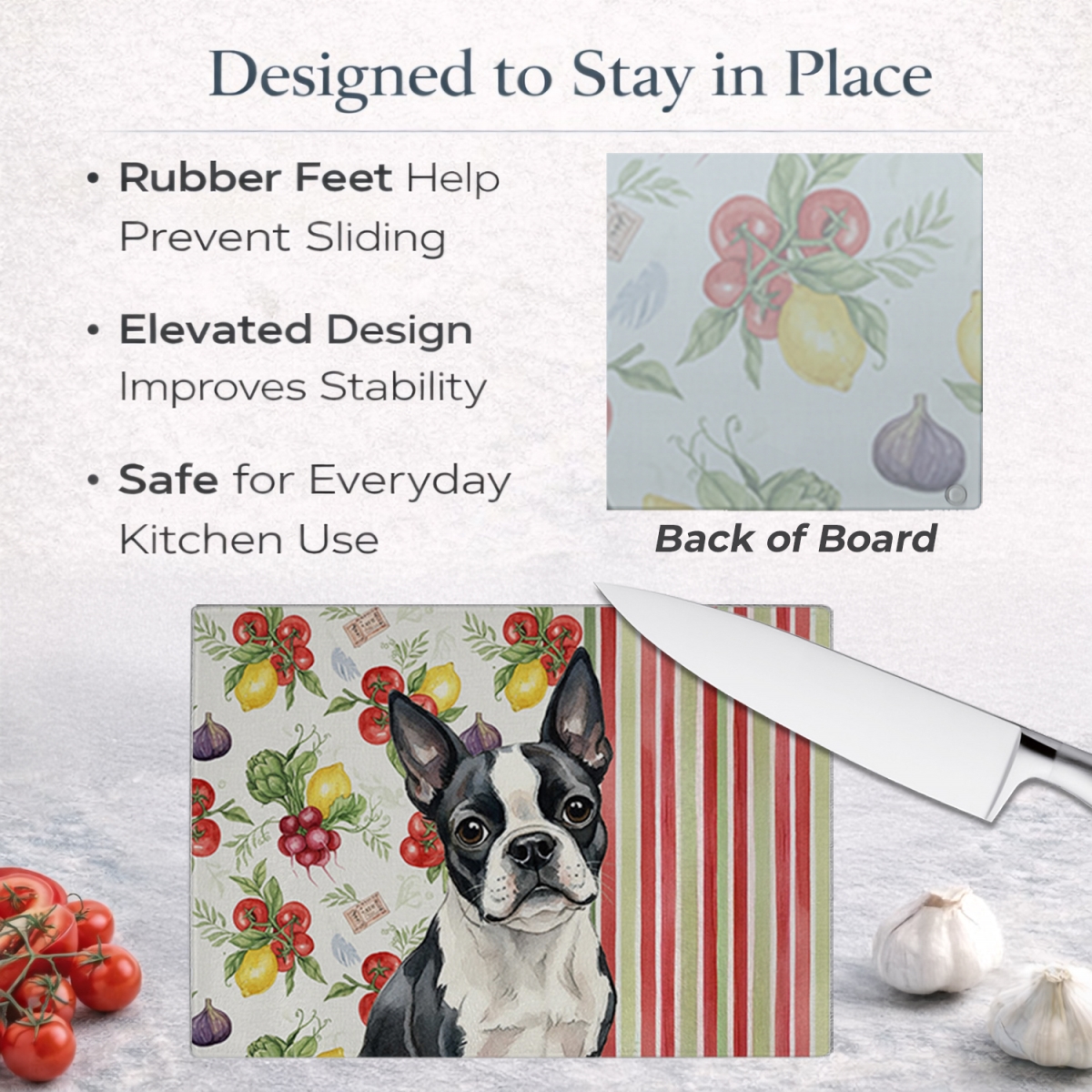 Picture of Carolines Treasures WDK8132LCB 11.25 x 15.25 in. Boston Terrier Vegetables Glass Cutting Board