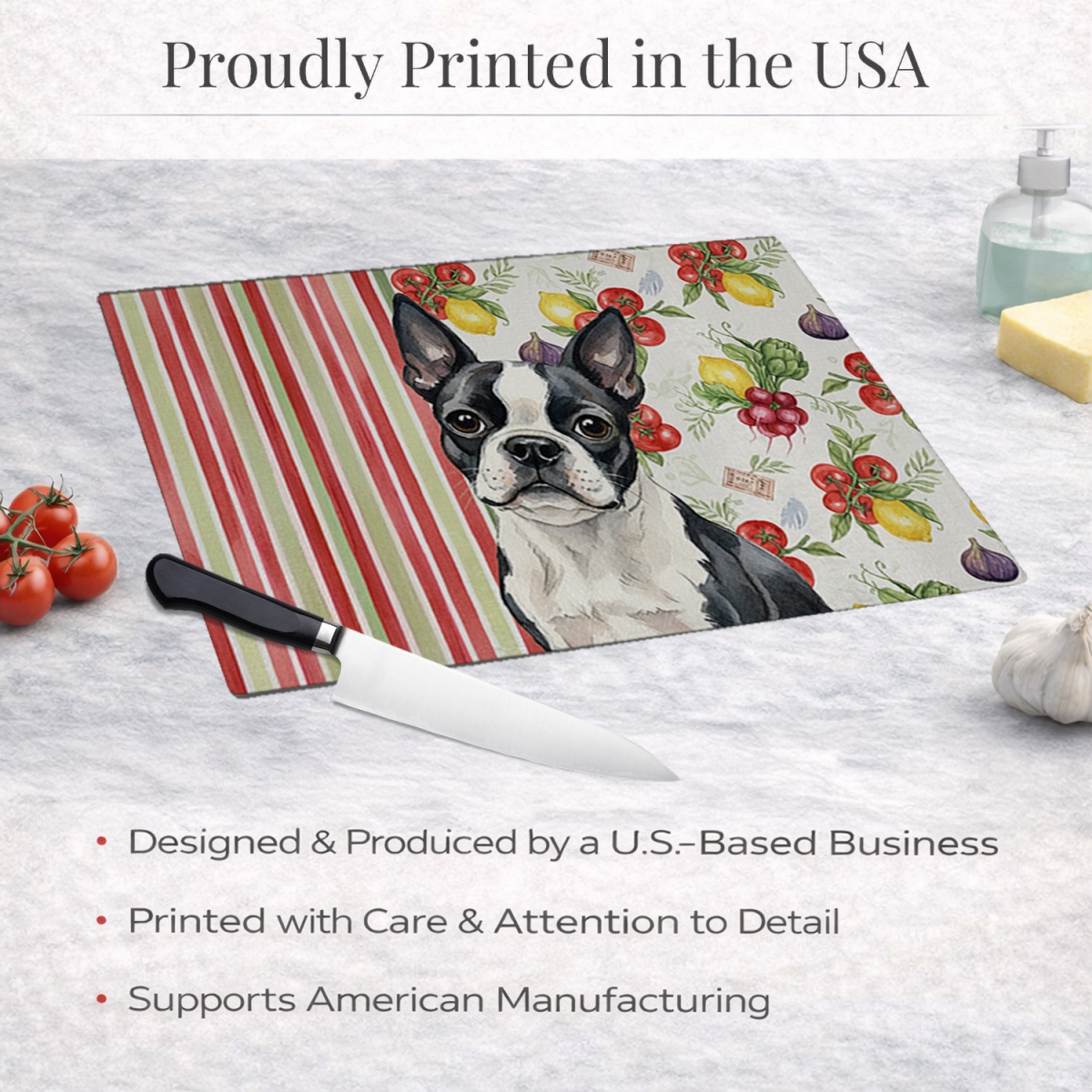 Picture of Carolines Treasures WDK8132LCB 11.25 x 15.25 in. Boston Terrier Vegetables Glass Cutting Board