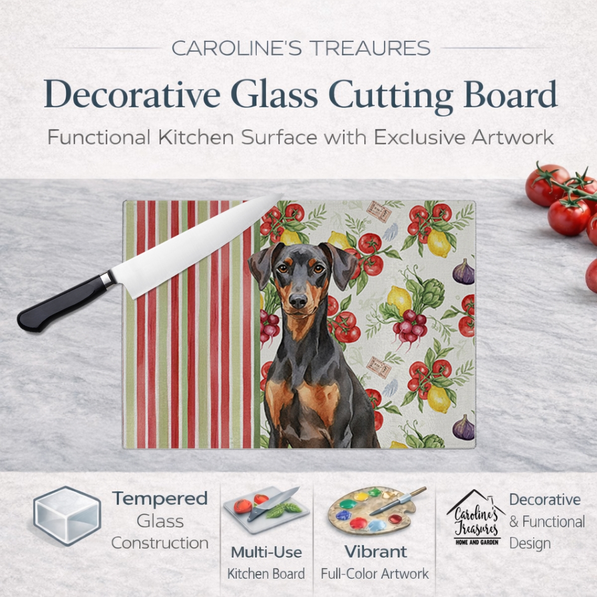Picture of Carolines Treasures WDK8242LCB 11.25 x 15.25 in. German Pinscher Vegetables Glass Cutting Board