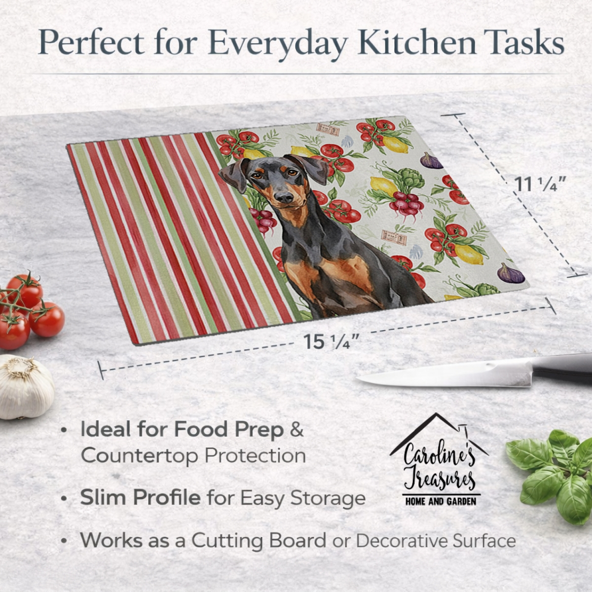 Picture of Carolines Treasures WDK8242LCB 11.25 x 15.25 in. German Pinscher Vegetables Glass Cutting Board
