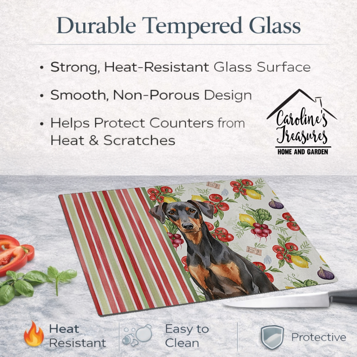 Picture of Carolines Treasures WDK8242LCB 11.25 x 15.25 in. German Pinscher Vegetables Glass Cutting Board