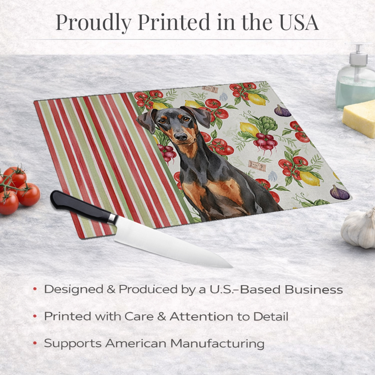 Picture of Carolines Treasures WDK8242LCB 11.25 x 15.25 in. German Pinscher Vegetables Glass Cutting Board