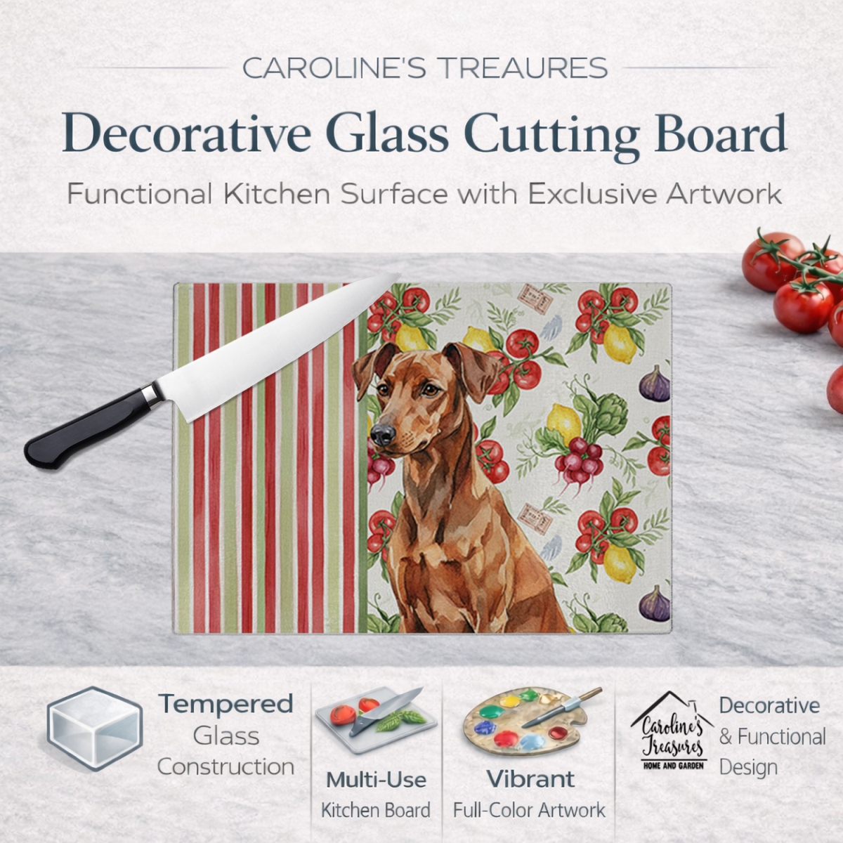 Picture of Carolines Treasures WDK8243LCB 11.25 x 15.25 in. Red German Pinscher Vegetables Glass Cutting Board