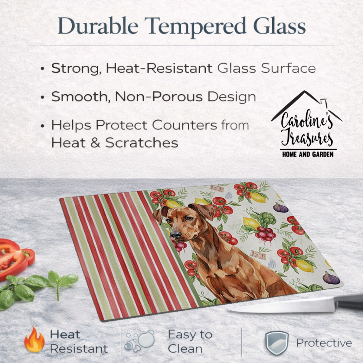 Picture of Carolines Treasures WDK8243LCB 11.25 x 15.25 in. Red German Pinscher Vegetables Glass Cutting Board