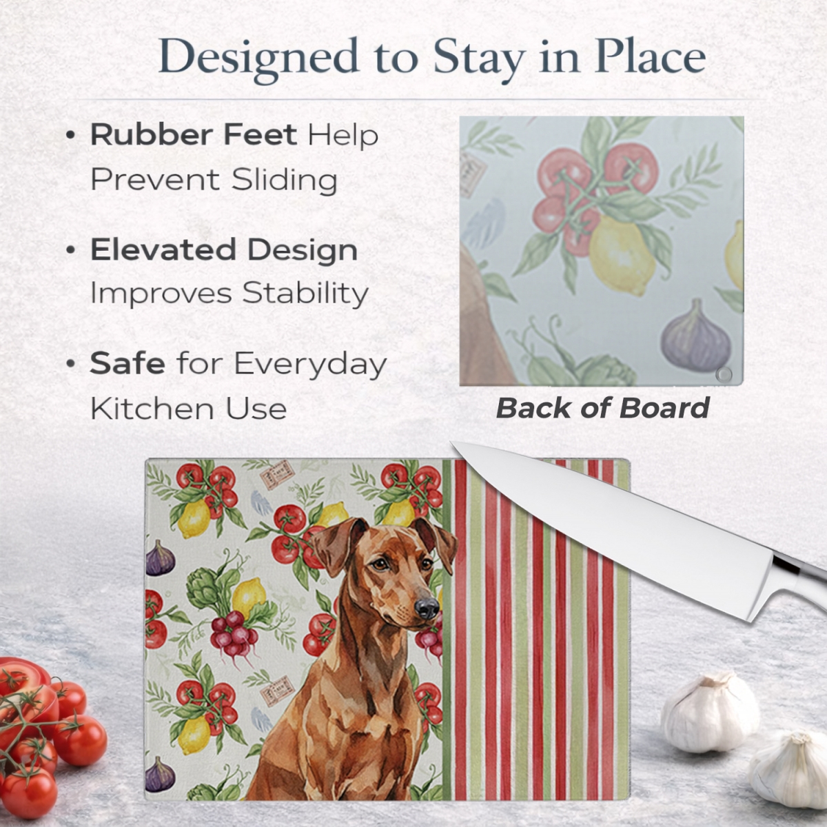 Picture of Carolines Treasures WDK8243LCB 11.25 x 15.25 in. Red German Pinscher Vegetables Glass Cutting Board
