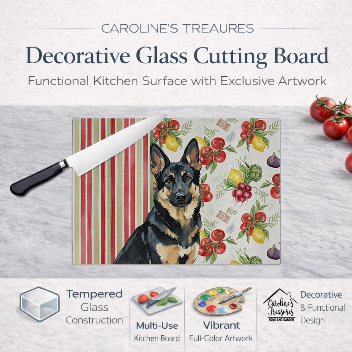 Picture of Carolines Treasures WDK8244LCB 11.25 x 15.25 in. Black & Tan German Shepherd Vegetables Glass Cutting Board