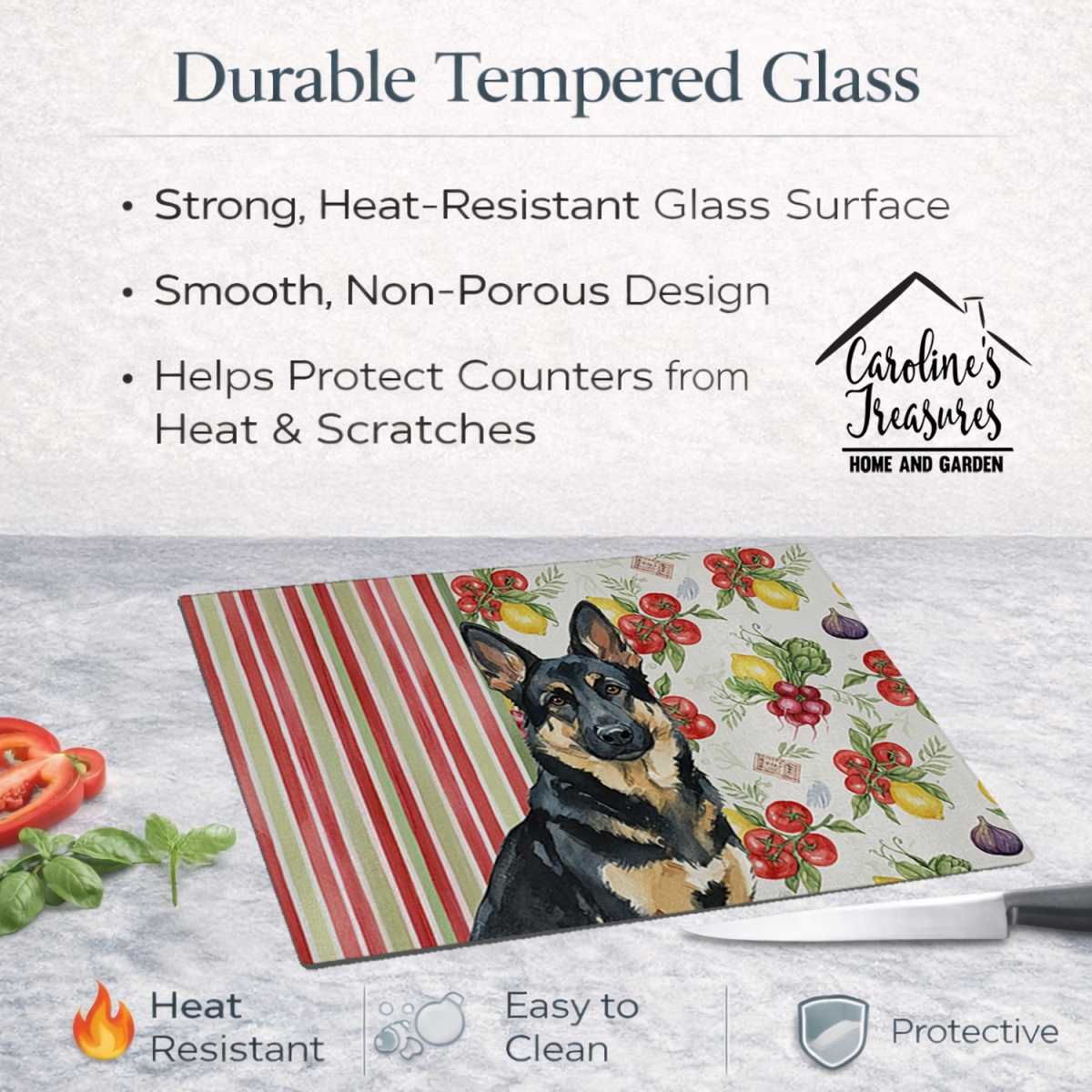 Picture of Carolines Treasures WDK8244LCB 11.25 x 15.25 in. Black & Tan German Shepherd Vegetables Glass Cutting Board