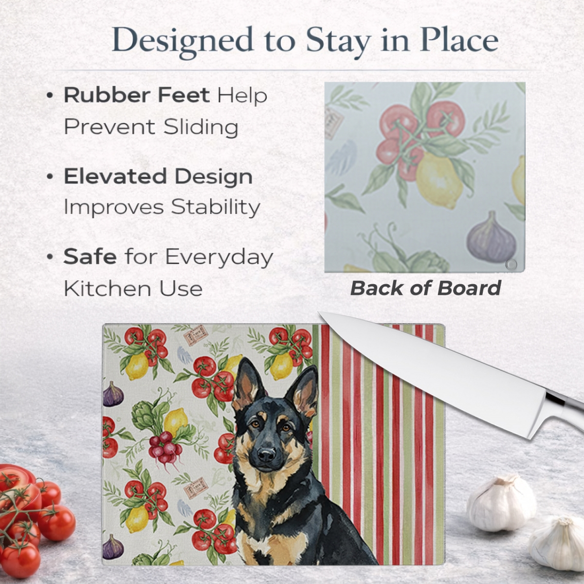 Picture of Carolines Treasures WDK8244LCB 11.25 x 15.25 in. Black & Tan German Shepherd Vegetables Glass Cutting Board