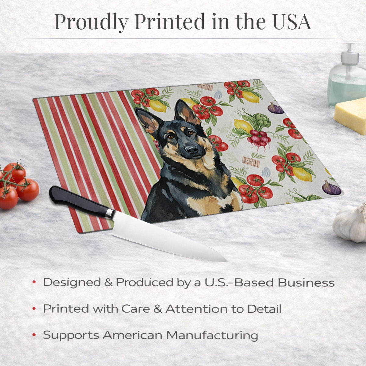 Picture of Carolines Treasures WDK8244LCB 11.25 x 15.25 in. Black & Tan German Shepherd Vegetables Glass Cutting Board