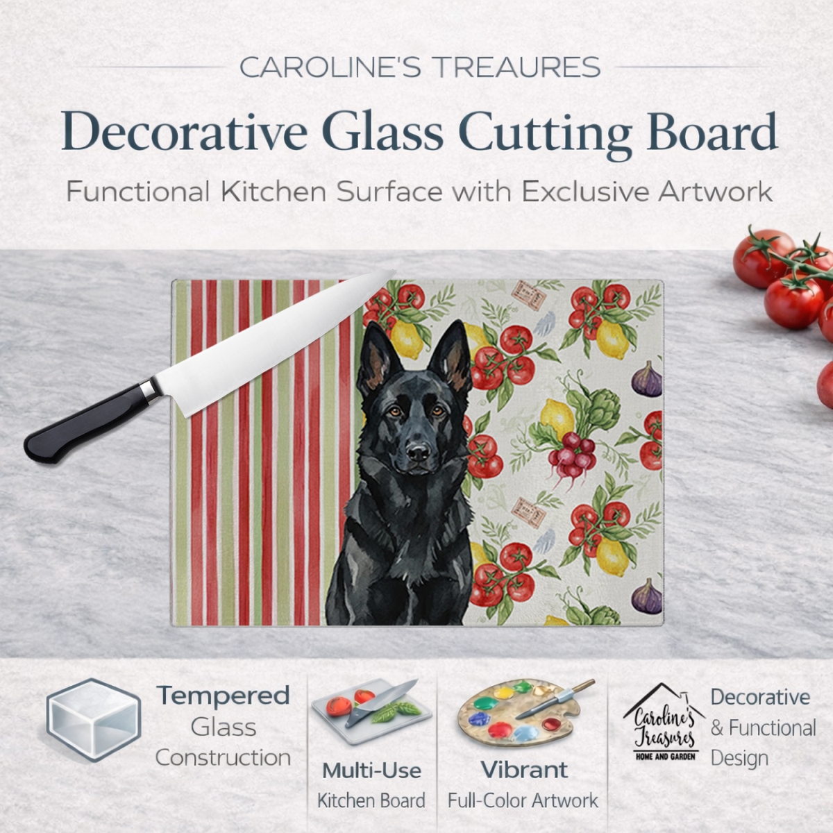 Picture of Carolines Treasures WDK8245LCB 11.25 x 15.25 in. Black German Shepherd Vegetables Glass Cutting Board