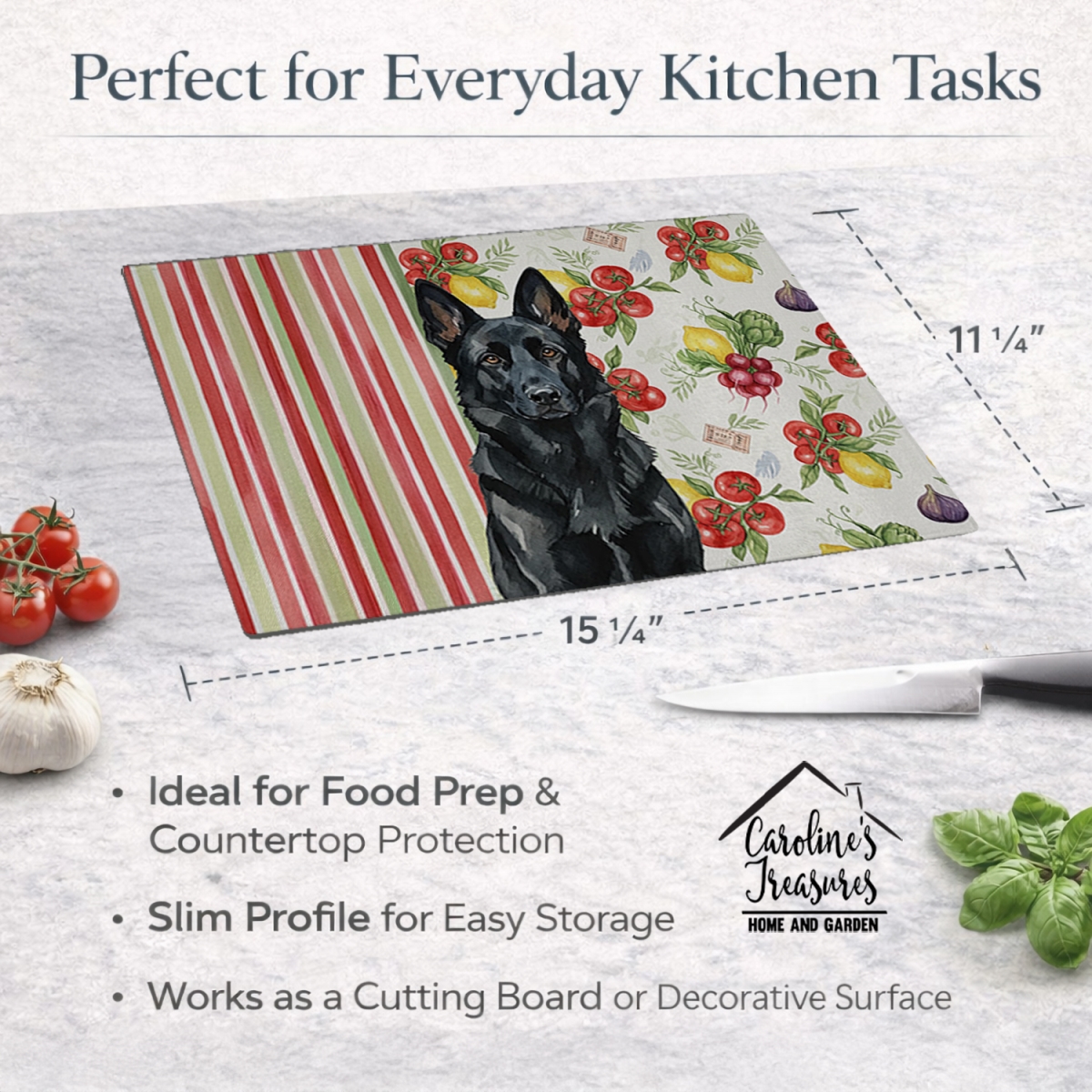 Picture of Carolines Treasures WDK8245LCB 11.25 x 15.25 in. Black German Shepherd Vegetables Glass Cutting Board