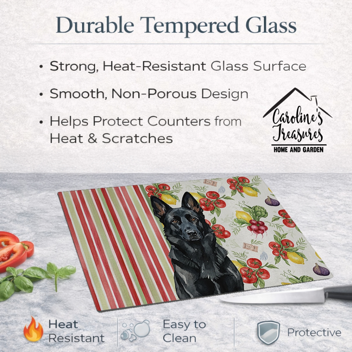 Picture of Carolines Treasures WDK8245LCB 11.25 x 15.25 in. Black German Shepherd Vegetables Glass Cutting Board