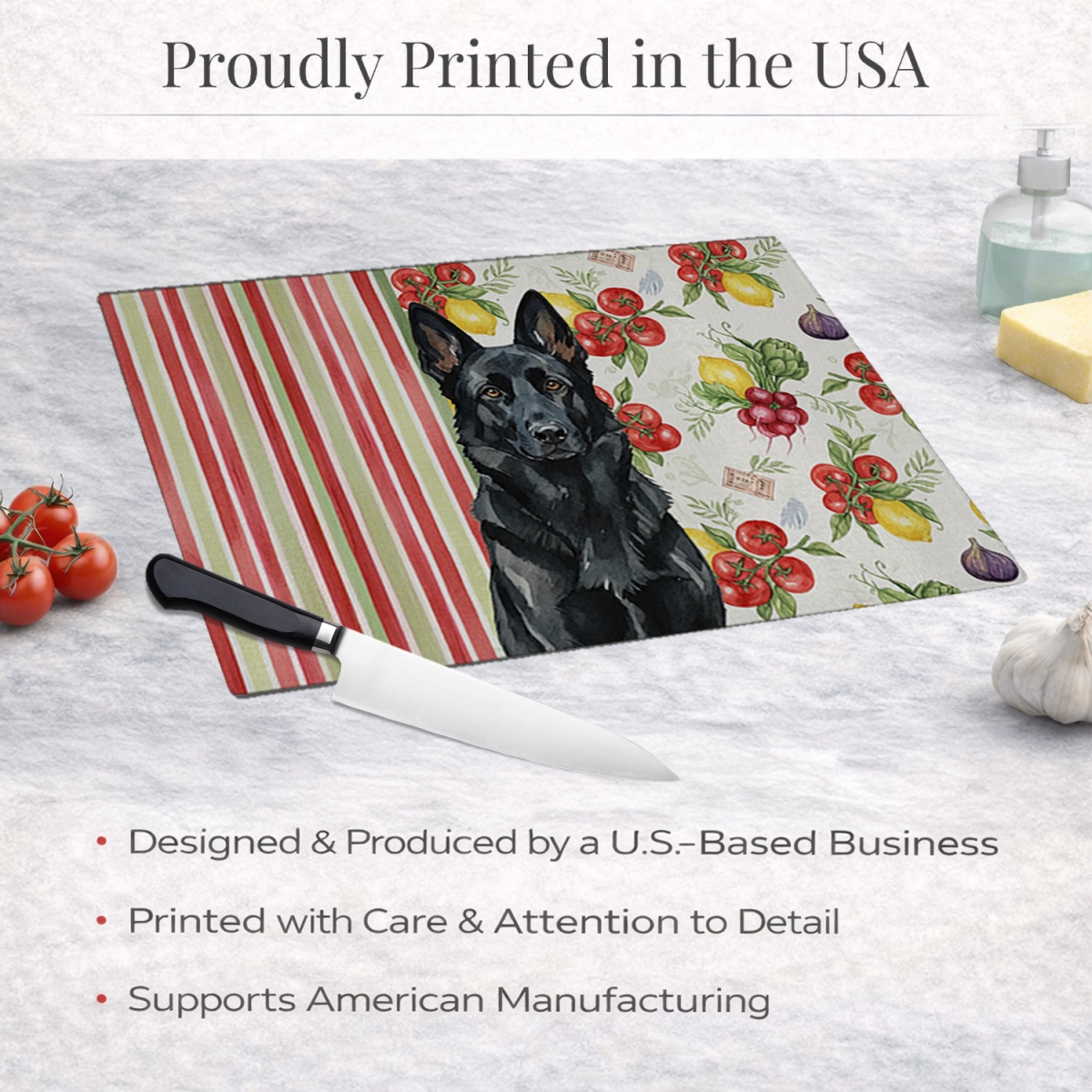 Picture of Carolines Treasures WDK8245LCB 11.25 x 15.25 in. Black German Shepherd Vegetables Glass Cutting Board