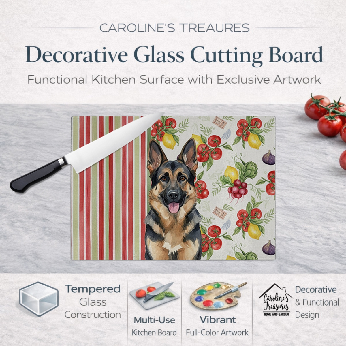 Picture of Carolines Treasures WDK8246LCB 11.25 x 15.25 in. German Shepherd Vegetables Glass Cutting Board