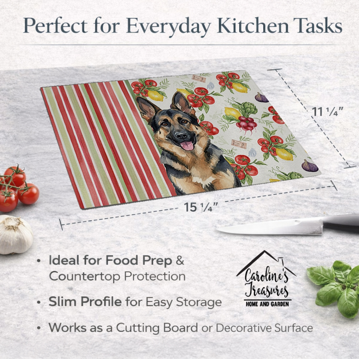 Picture of Carolines Treasures WDK8246LCB 11.25 x 15.25 in. German Shepherd Vegetables Glass Cutting Board