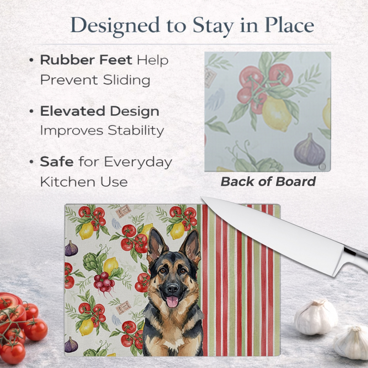 Picture of Carolines Treasures WDK8246LCB 11.25 x 15.25 in. German Shepherd Vegetables Glass Cutting Board