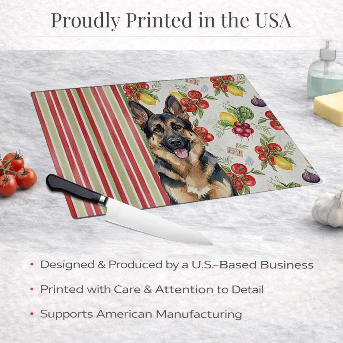 Picture of Carolines Treasures WDK8246LCB 11.25 x 15.25 in. German Shepherd Vegetables Glass Cutting Board