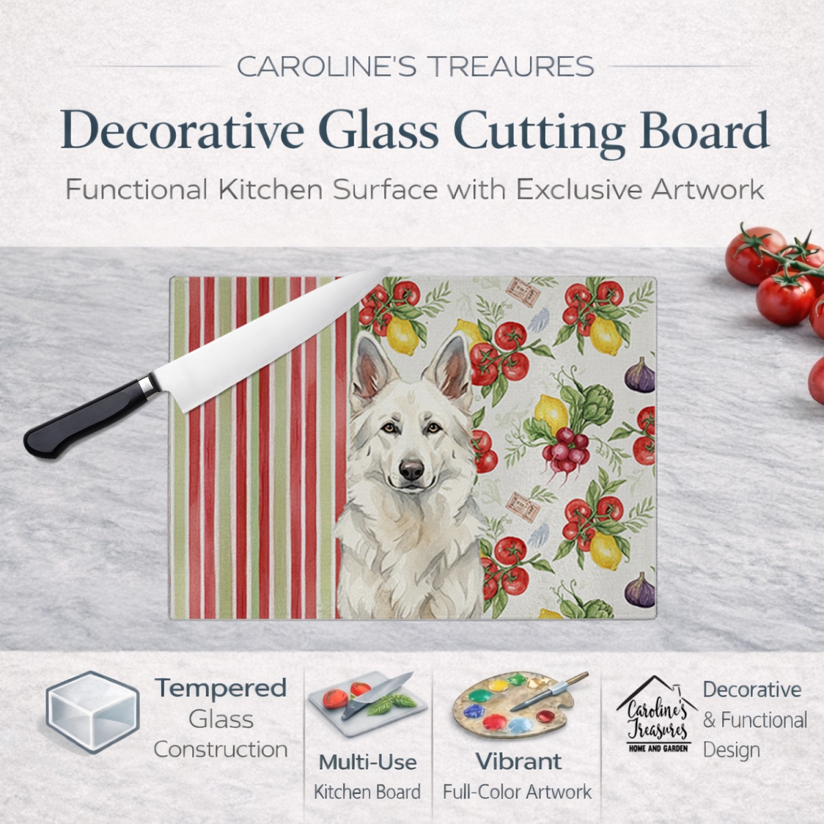 Picture of Carolines Treasures WDK8247LCB 11.25 x 15.25 in. White German Shepherd Vegetables Glass Cutting Board