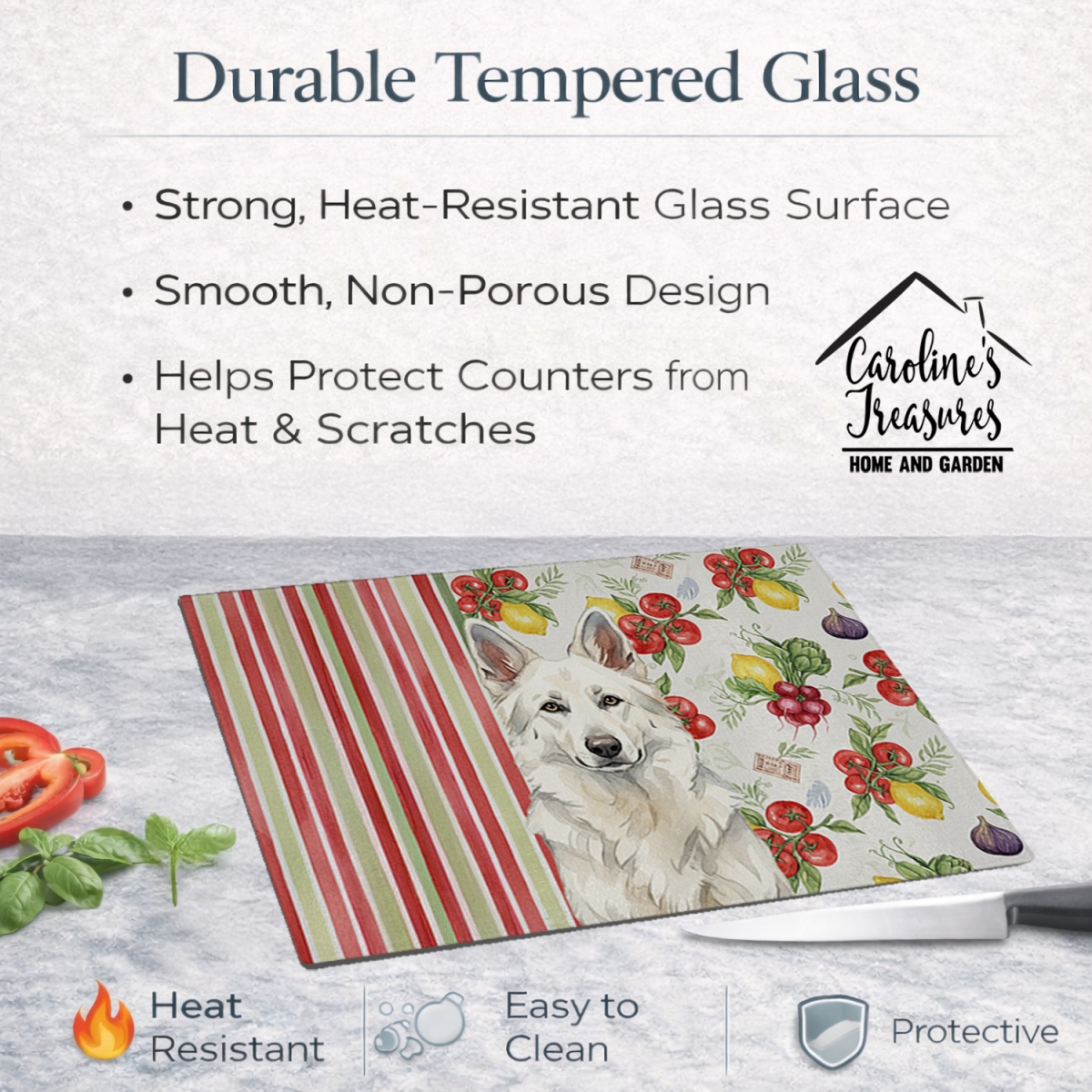 Picture of Carolines Treasures WDK8247LCB 11.25 x 15.25 in. White German Shepherd Vegetables Glass Cutting Board