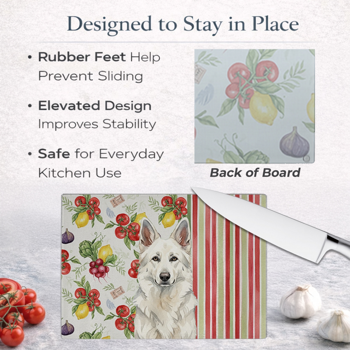 Picture of Carolines Treasures WDK8247LCB 11.25 x 15.25 in. White German Shepherd Vegetables Glass Cutting Board