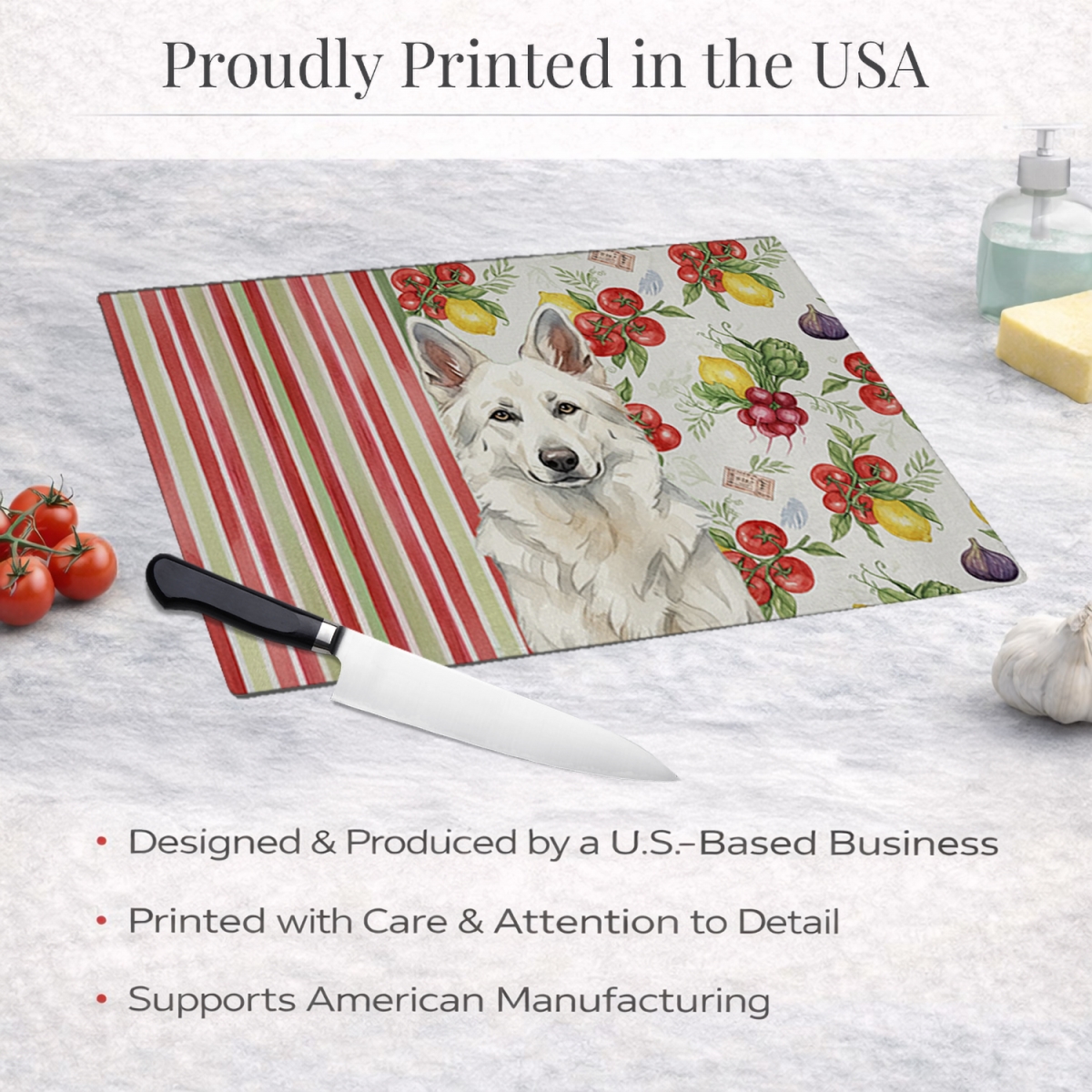 Picture of Carolines Treasures WDK8247LCB 11.25 x 15.25 in. White German Shepherd Vegetables Glass Cutting Board