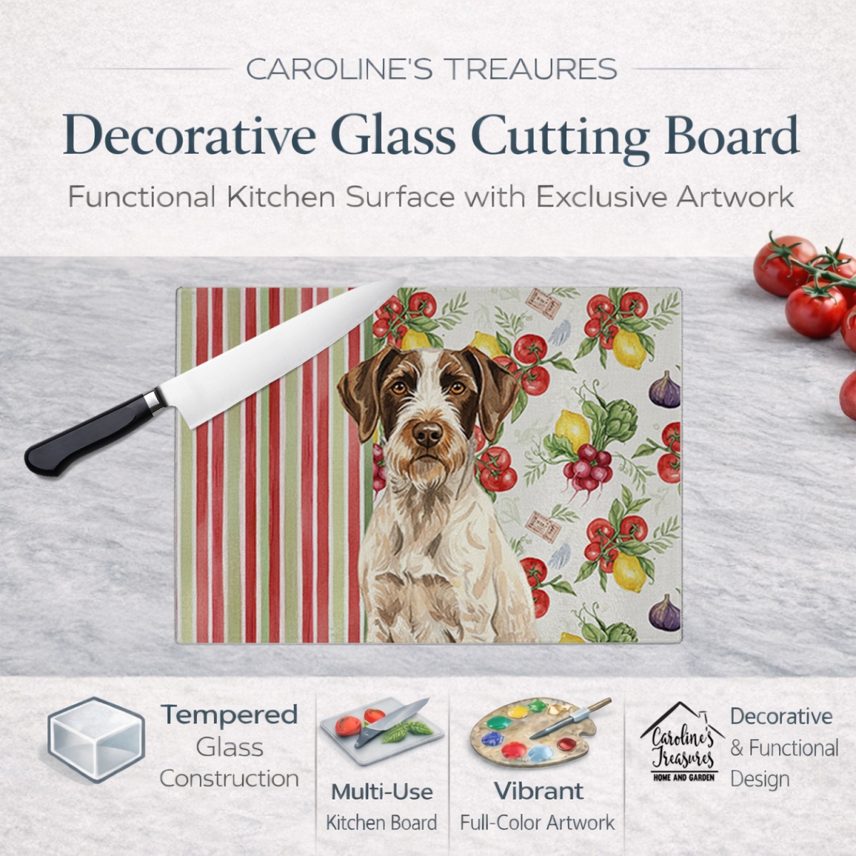Picture of Carolines Treasures WDK8249LCB 11.25 x 15.25 in. Liver & White German Wirehaired Pointer Vegetables Glass Cutting Board