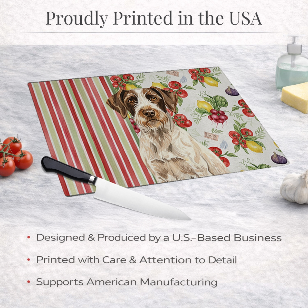 Picture of Carolines Treasures WDK8249LCB 11.25 x 15.25 in. Liver & White German Wirehaired Pointer Vegetables Glass Cutting Board