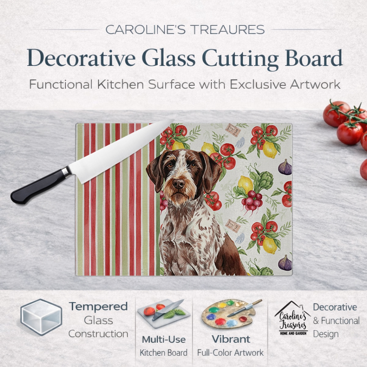 Picture of Carolines Treasures WDK8250LCB 11.25 x 15.25 in. Roan German Wirehaired Pointer Vegetables Glass Cutting Board