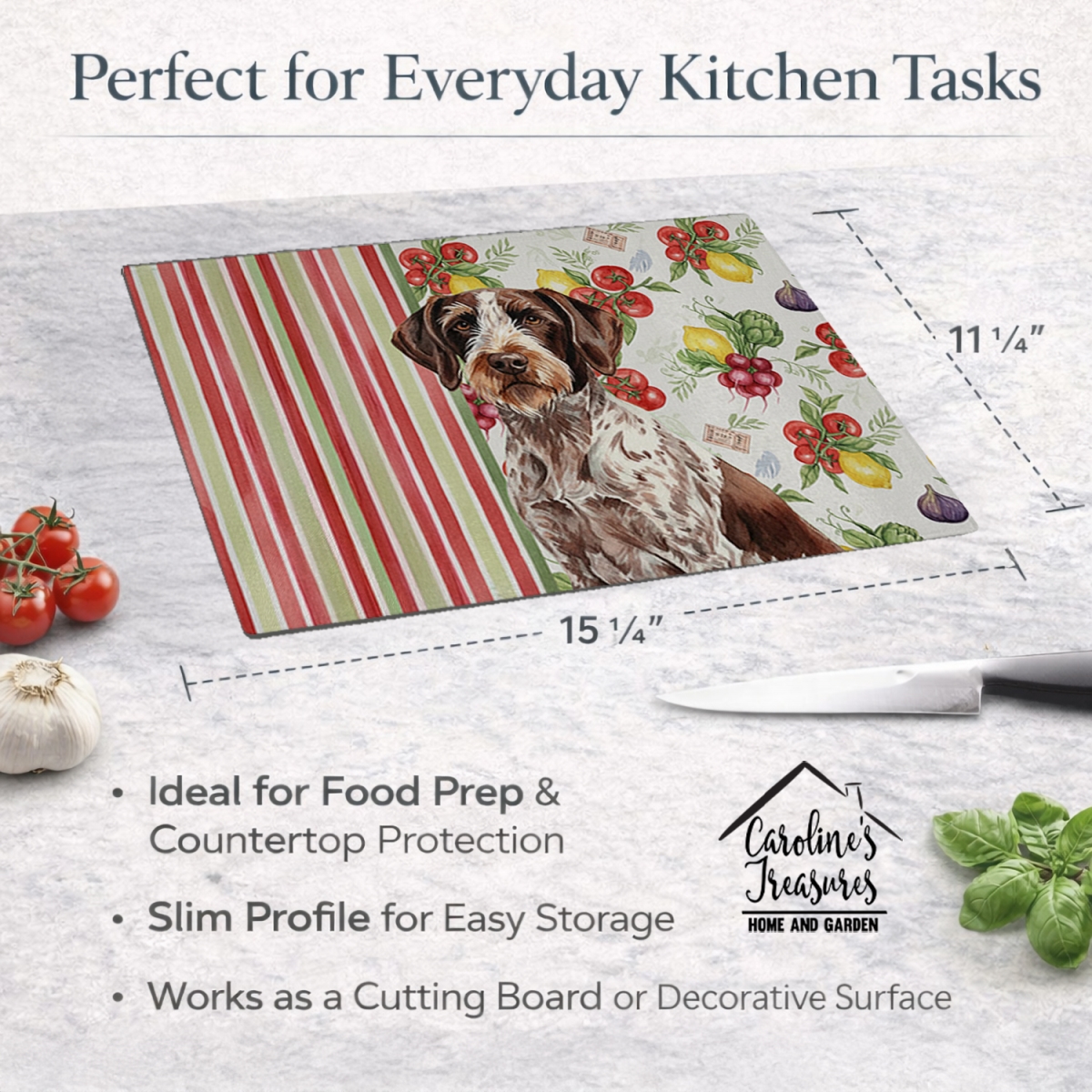 Picture of Carolines Treasures WDK8250LCB 11.25 x 15.25 in. Roan German Wirehaired Pointer Vegetables Glass Cutting Board