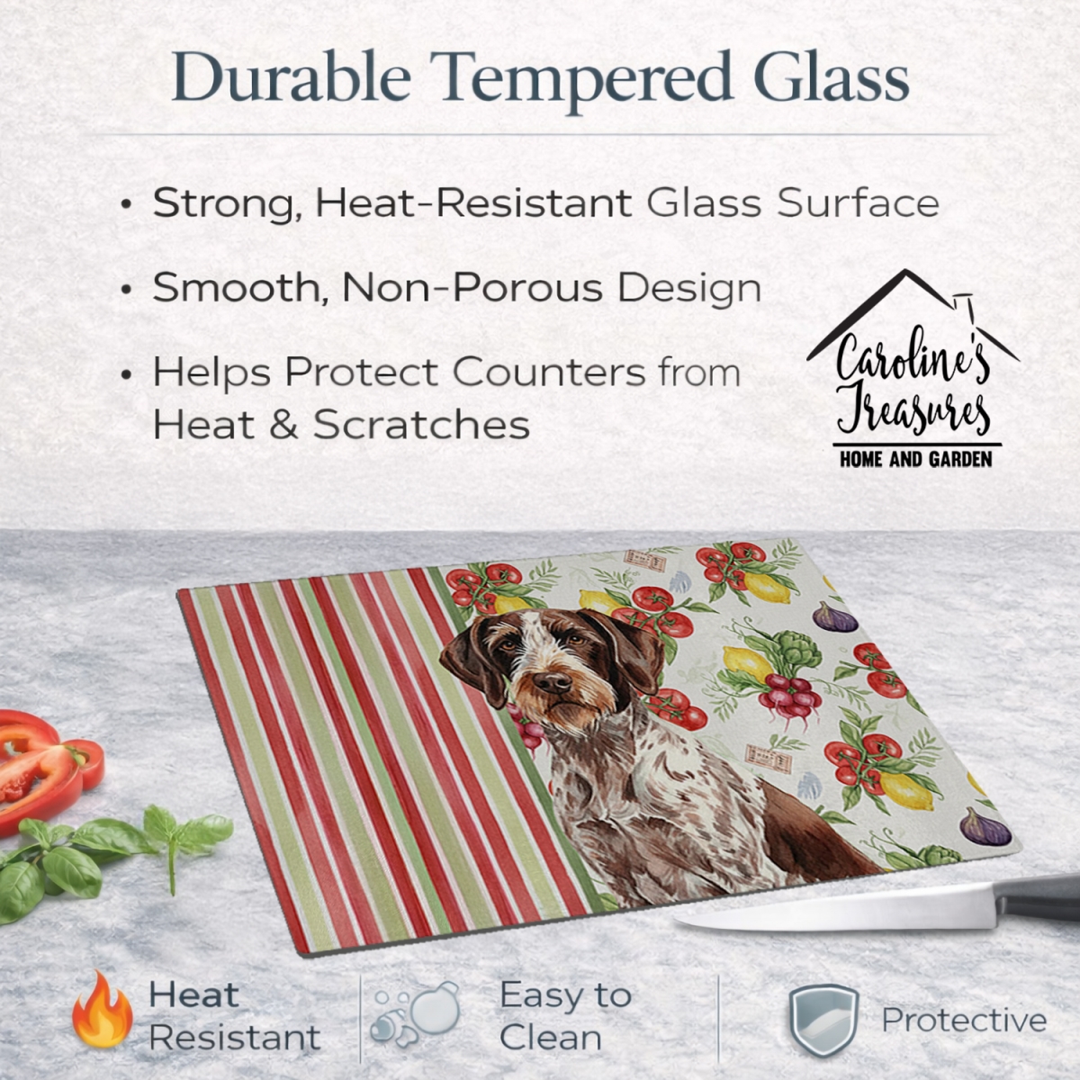 Picture of Carolines Treasures WDK8250LCB 11.25 x 15.25 in. Roan German Wirehaired Pointer Vegetables Glass Cutting Board