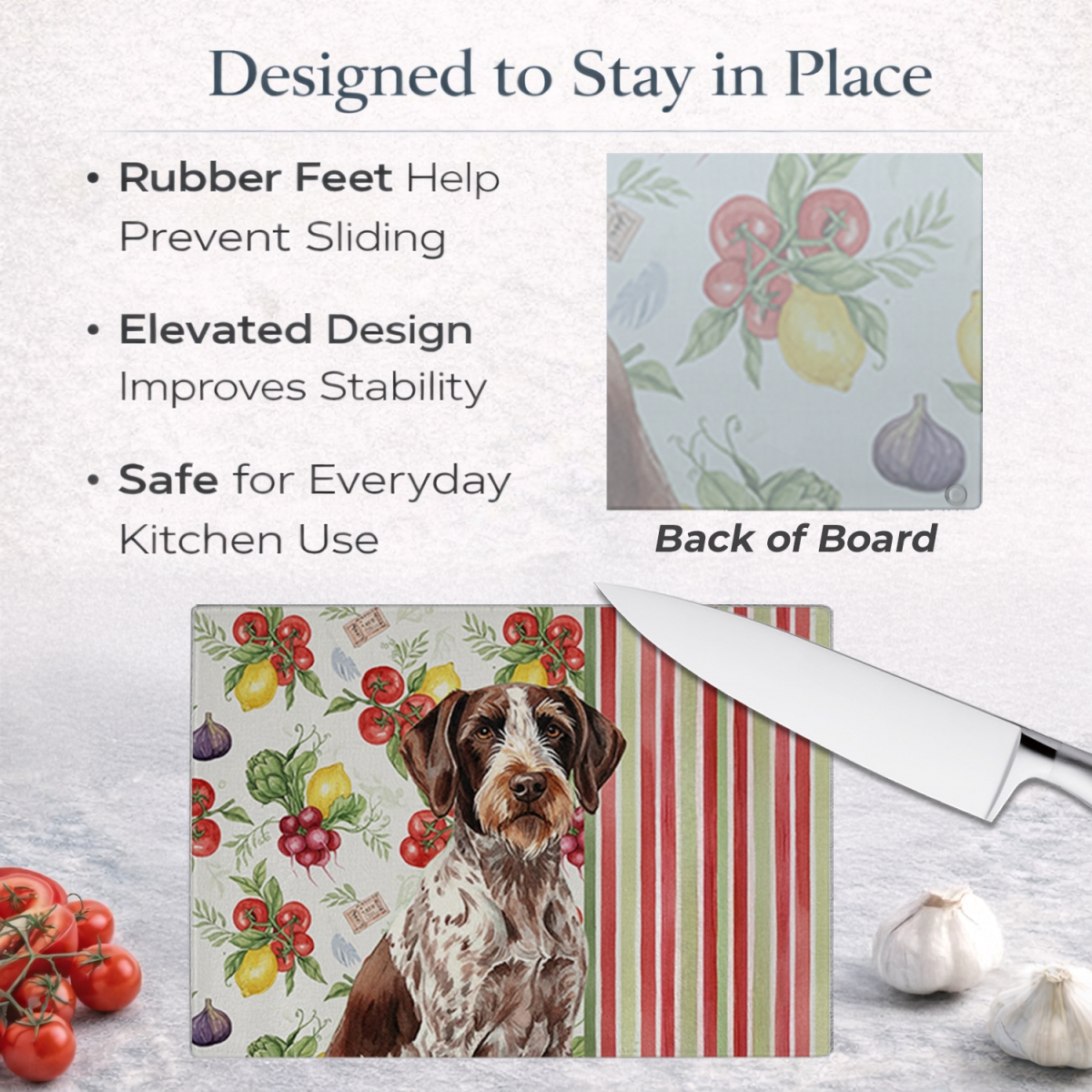 Picture of Carolines Treasures WDK8250LCB 11.25 x 15.25 in. Roan German Wirehaired Pointer Vegetables Glass Cutting Board