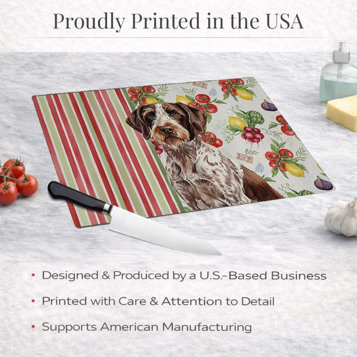 Picture of Carolines Treasures WDK8250LCB 11.25 x 15.25 in. Roan German Wirehaired Pointer Vegetables Glass Cutting Board