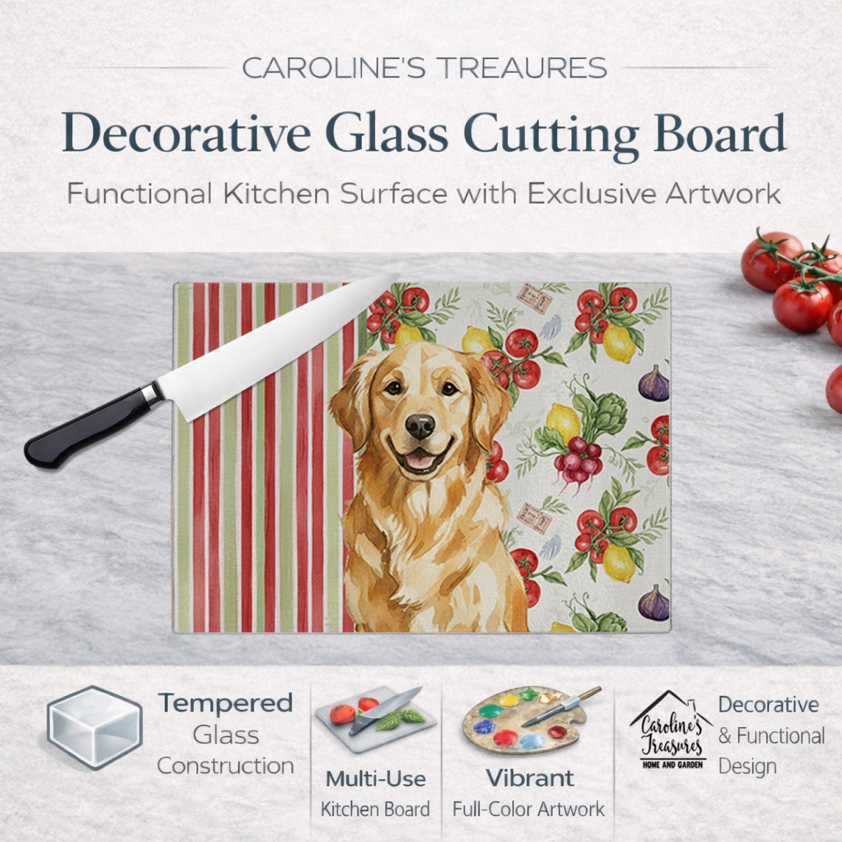 Picture of Carolines Treasures WDK8251LCB 11.25 x 15.25 in. Golden Retriever Vegetables Glass Cutting Board