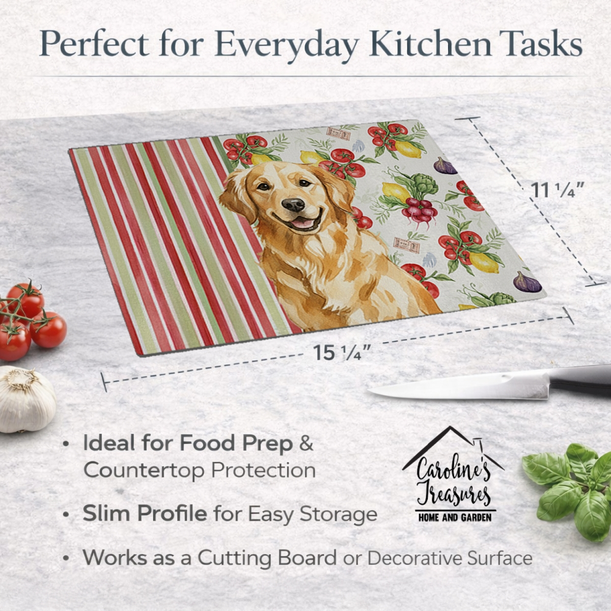 Picture of Carolines Treasures WDK8251LCB 11.25 x 15.25 in. Golden Retriever Vegetables Glass Cutting Board