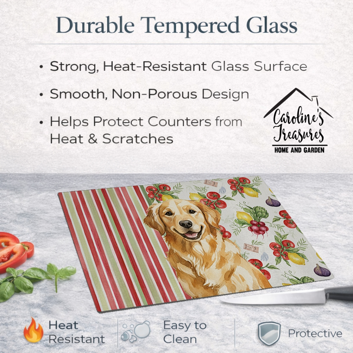 Picture of Carolines Treasures WDK8251LCB 11.25 x 15.25 in. Golden Retriever Vegetables Glass Cutting Board