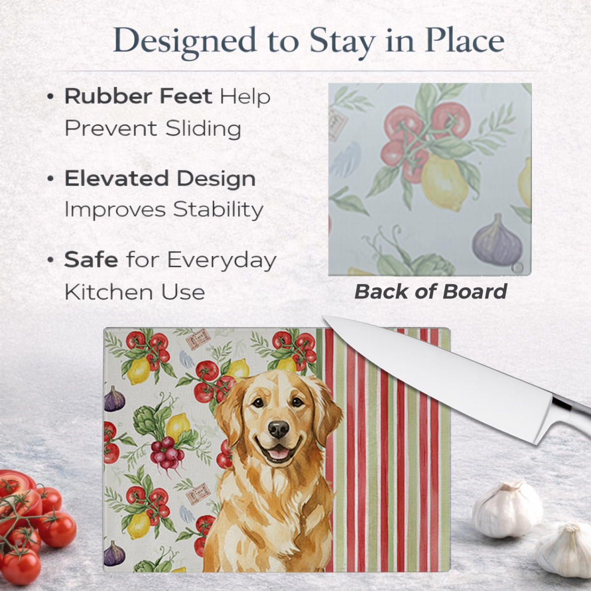 Picture of Carolines Treasures WDK8251LCB 11.25 x 15.25 in. Golden Retriever Vegetables Glass Cutting Board