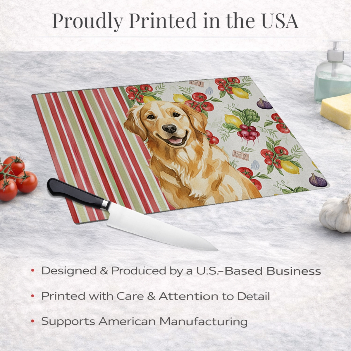 Picture of Carolines Treasures WDK8251LCB 11.25 x 15.25 in. Golden Retriever Vegetables Glass Cutting Board