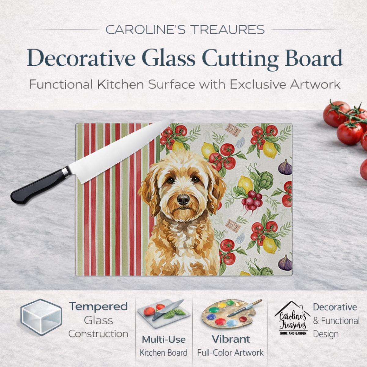 Picture of Carolines Treasures WDK8252LCB 11.25 x 15.25 in. Goldendoodle Vegetables Glass Cutting Board