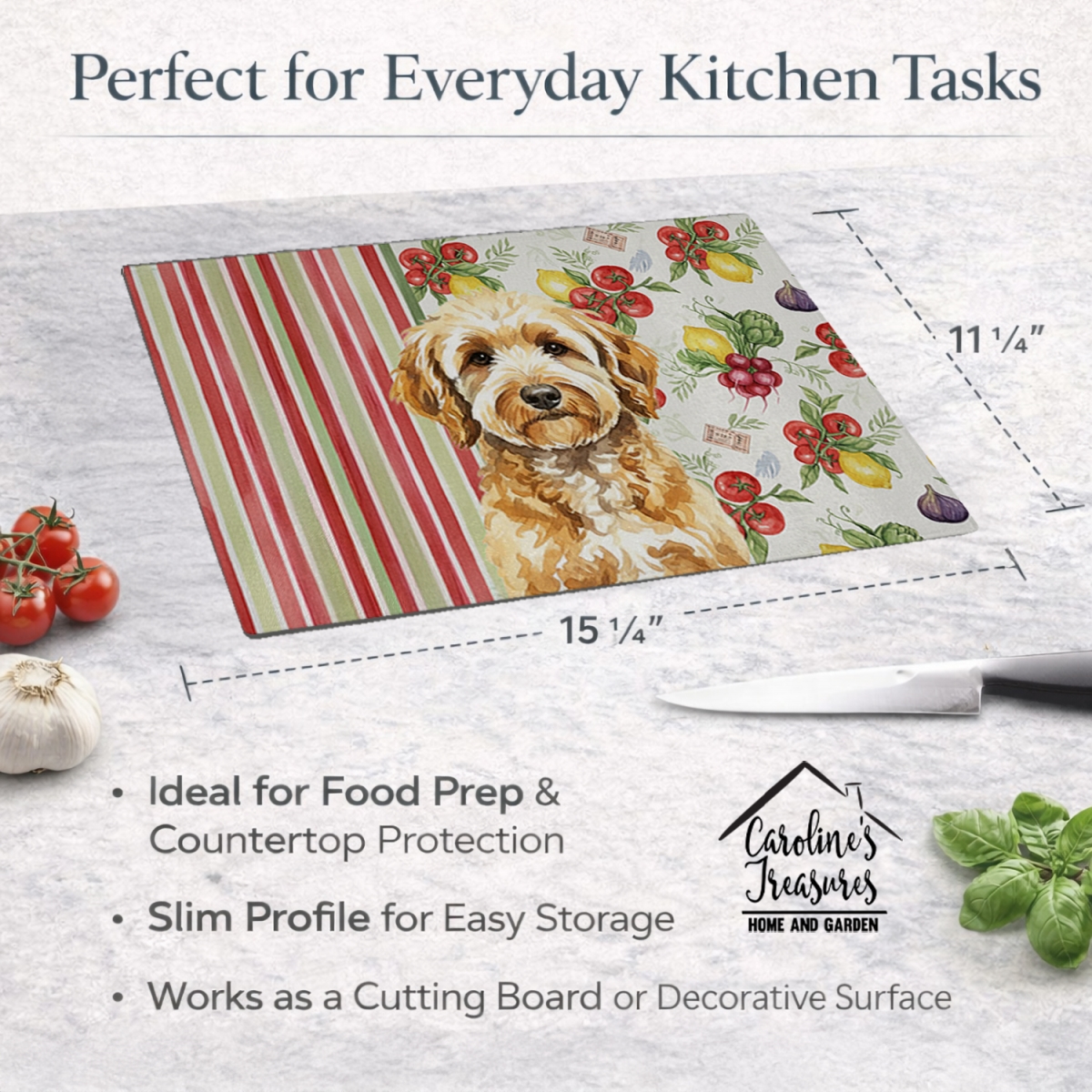 Picture of Carolines Treasures WDK8252LCB 11.25 x 15.25 in. Goldendoodle Vegetables Glass Cutting Board