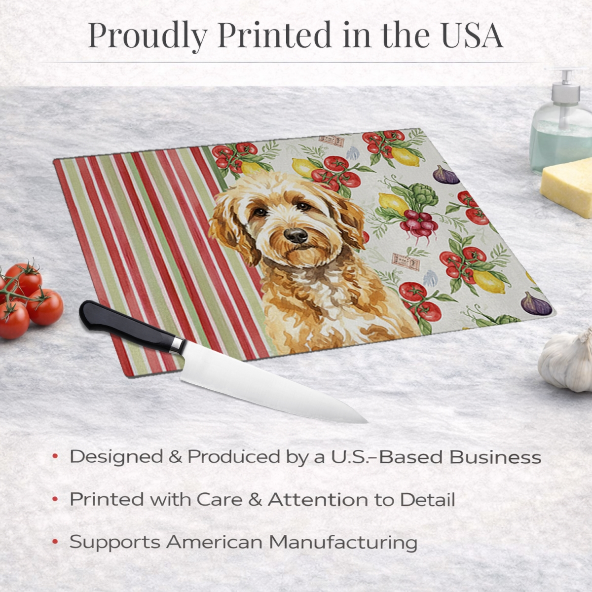 Picture of Carolines Treasures WDK8252LCB 11.25 x 15.25 in. Goldendoodle Vegetables Glass Cutting Board