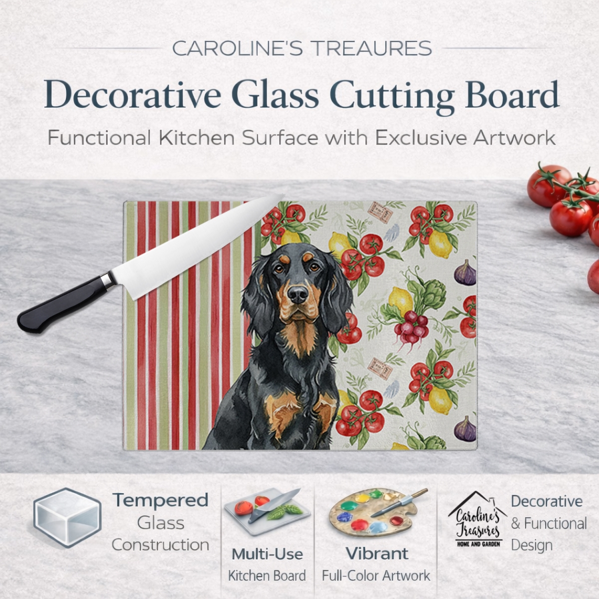 Picture of Carolines Treasures WDK8253LCB 11.25 x 15.25 in. Gordon Setter Vegetables Glass Cutting Board
