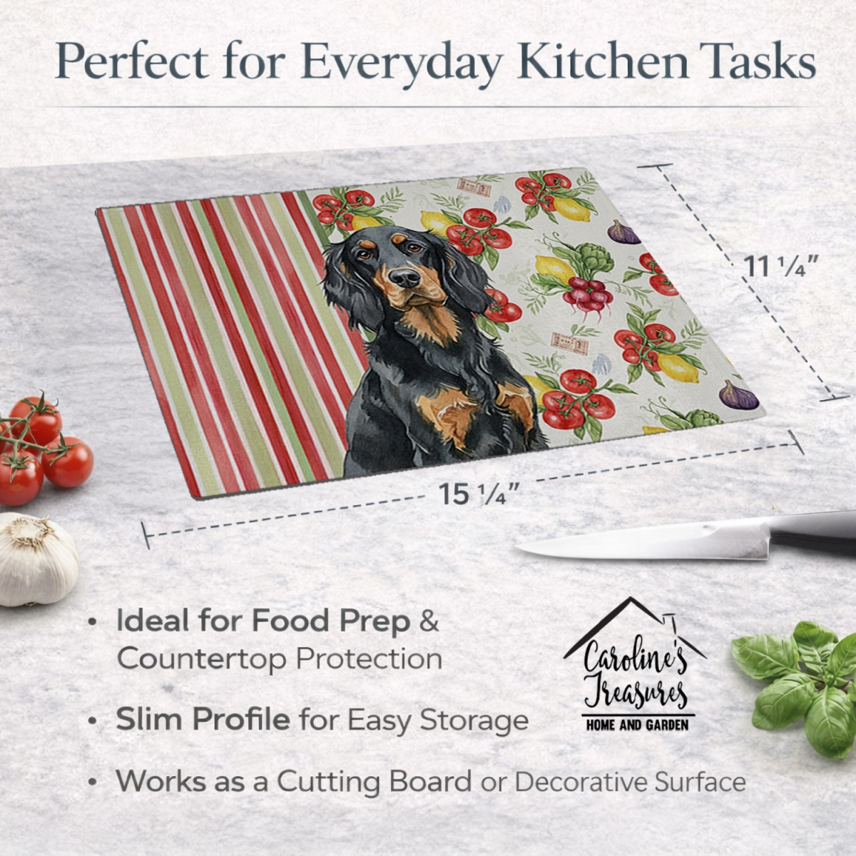 Picture of Carolines Treasures WDK8253LCB 11.25 x 15.25 in. Gordon Setter Vegetables Glass Cutting Board