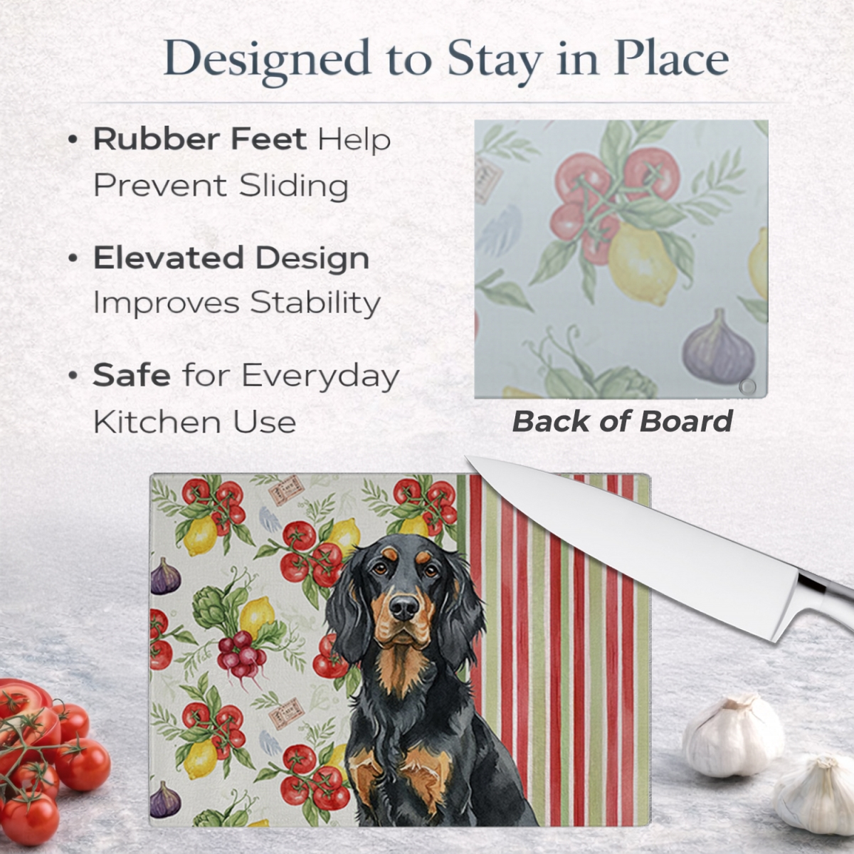 Picture of Carolines Treasures WDK8253LCB 11.25 x 15.25 in. Gordon Setter Vegetables Glass Cutting Board