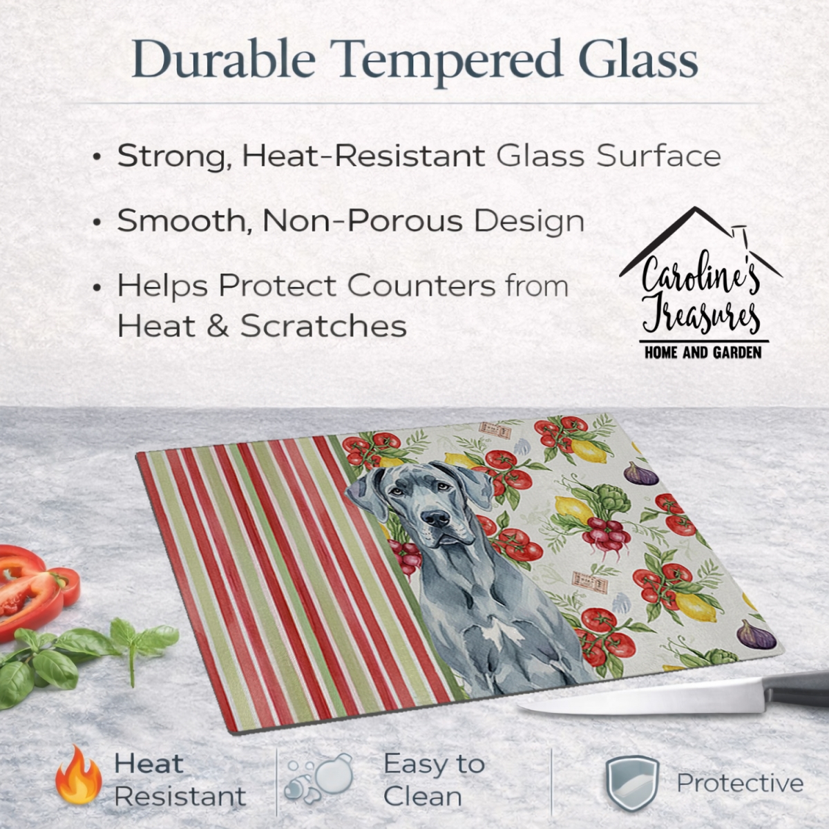 Picture of Carolines Treasures WDK8254LCB 11.25 x 15.25 in. Blue Great Dane Vegetables Glass Cutting Board