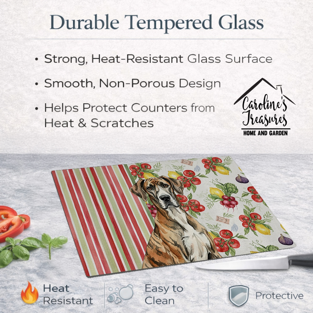 Picture of Carolines Treasures WDK8255LCB 11.25 x 15.25 in. Brindle Great Dane Vegetables Glass Cutting Board