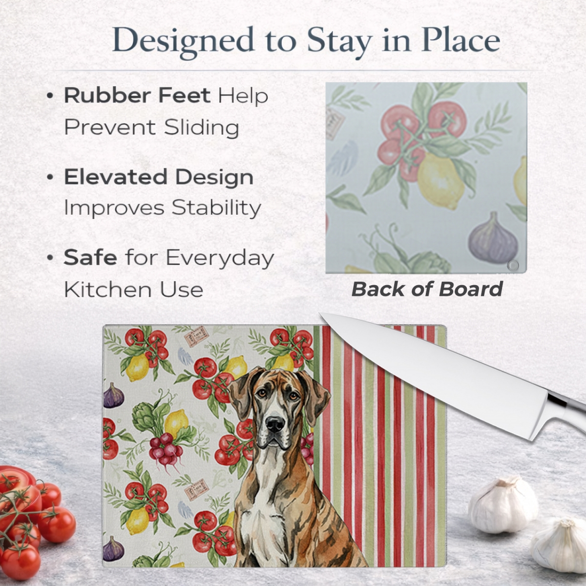 Picture of Carolines Treasures WDK8255LCB 11.25 x 15.25 in. Brindle Great Dane Vegetables Glass Cutting Board
