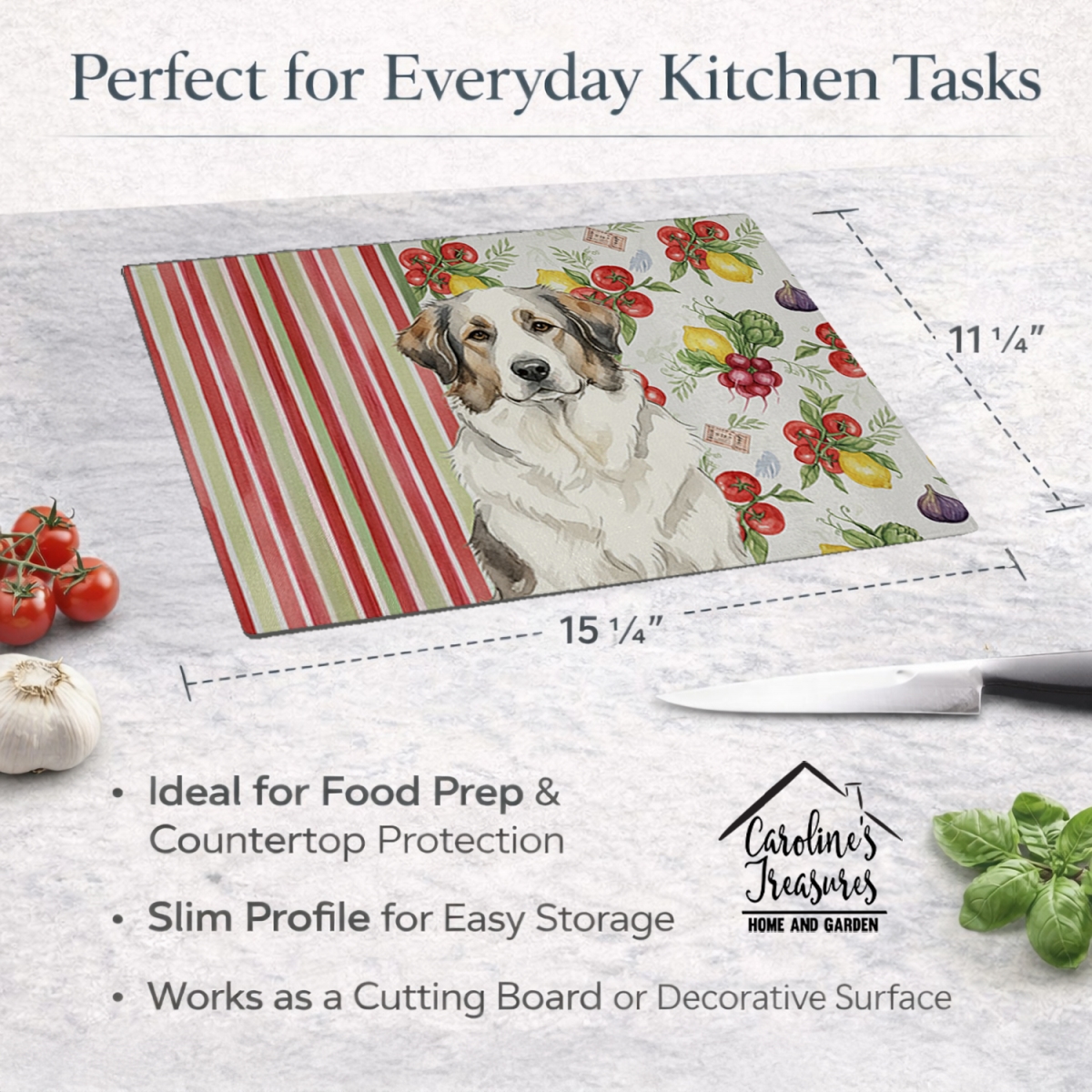 Picture of Carolines Treasures WDK8256LCB 11.25 x 15.25 in. decalr Great Pyrenees Vegetables Glass Cutting Board